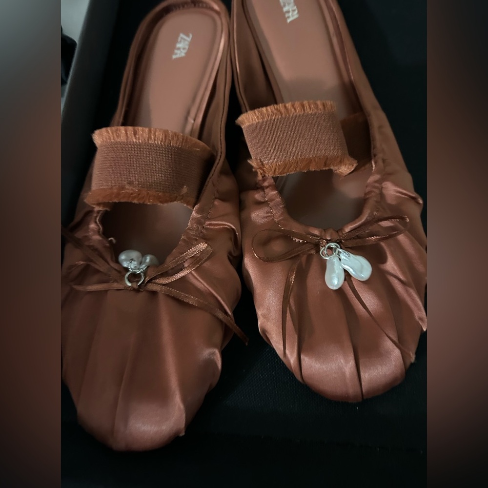 Zara Satin Ballet Flats with Pearl Charm 39